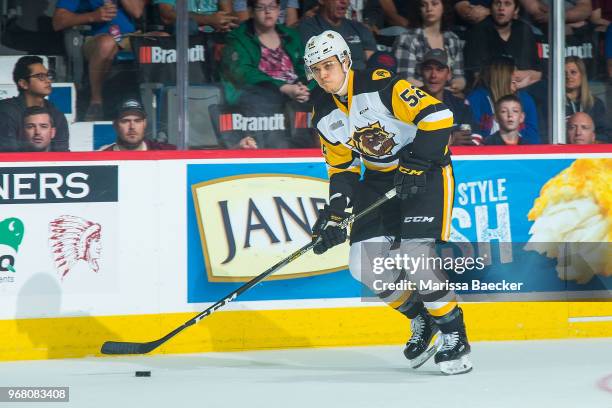 Nicolas Mattinen of Hamilton Bulldogs skates with the puck against the Regina Pats at Brandt Centre - Evraz Place on May 25, 2018 in Regina, Canada.