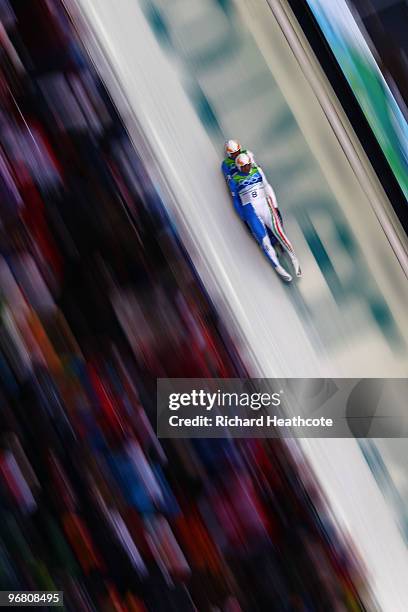 Gerhard Plankensteiner and Oswald Haselrieder of Italy compete in the Luge Doubles on day 6 of the Vancouver 2010 Winter Olympics at the Whistler...