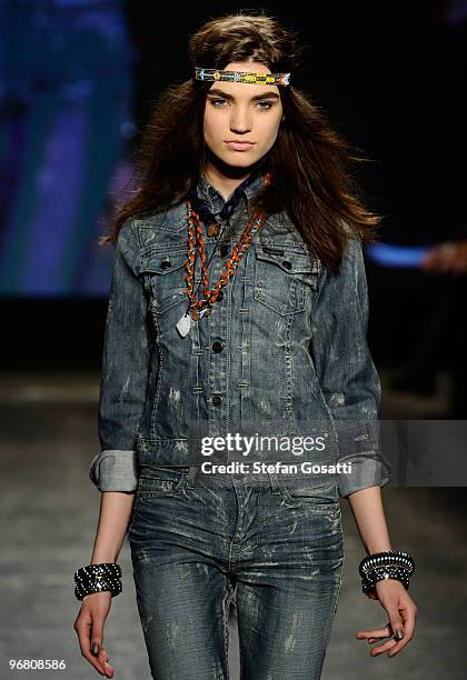 Model walks the runway at the William Rast Fall 2010 Fashion Show during Mercedes-Benz Fashion Week at Cedar Lake on February 17, 2010 in New York...