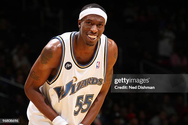 Josh Howard of the Washington Wizards reacts with a smile against the Minnesota Timberwolves at the Verizon Center on February 17, 2010 in...