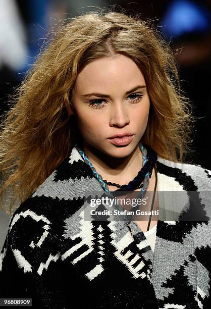 Model walks the runway at the William Rast Fall 2010 Fashion Show during Mercedes-Benz Fashion Week at Cedar Lake on February 17, 2010 in New York...