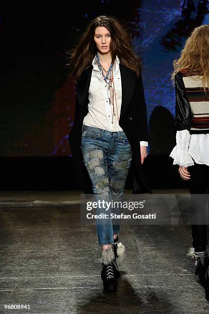Model walks the runway at the William Rast Fall 2010 Fashion Show during Mercedes-Benz Fashion Week at Cedar Lake on February 17, 2010 in New York...