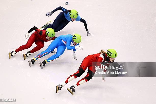 Jessica Gregg of Canada leads Arianna Fontana of Italy, Zhou Yang of China and Katherine Reutter of the United States in the Short Track Speed...