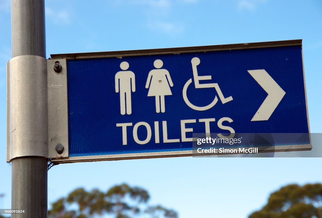 Directional street sign for male, female and disabled access public toilets