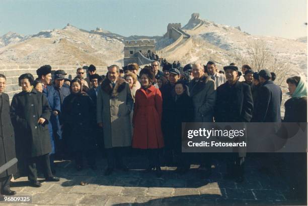 President Richard Nixon touring the Great Wall of China with large group, circa 1970s. .