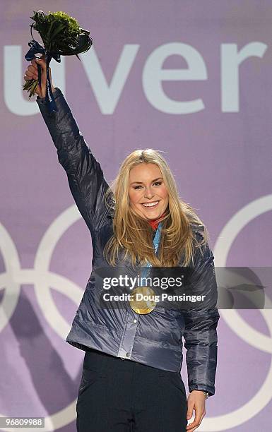 Lindsey Vonn of the United States celebrates with her gold medal during the medal ceremony for the Alpine Skiing Ladies Downhill on day 6 of the...