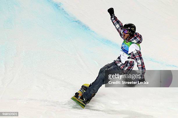 Scott Lago of the United States reacts in the Snowboard Men's Halfpipe final on day six of the Vancouver 2010 Winter Olympics at Cypress Snowboard &...