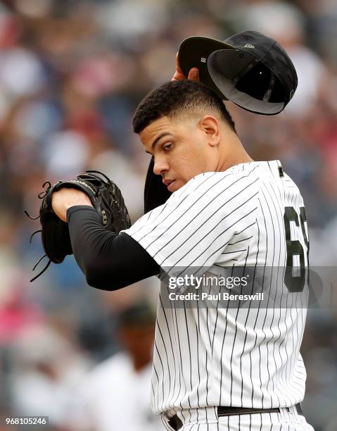 Pitcher Dellin Betances of the New York Yankees reacts in an MLB baseball game against the Los Angeles Angels of Anaheim on May 27, 2018 at Yankee...