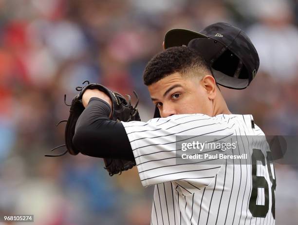 Pitcher Dellin Betances of the New York Yankees reacts in an MLB baseball game against the Los Angeles Angels of Anaheim on May 27, 2018 at Yankee...