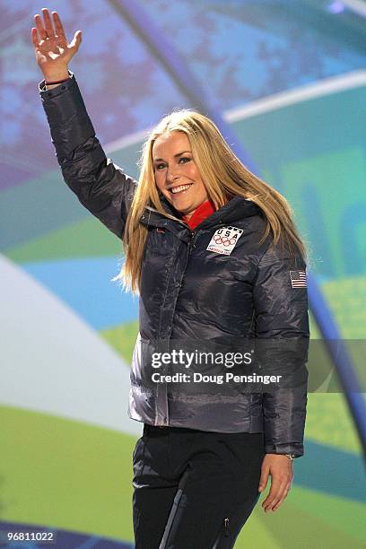 Lindsey Vonn of the United States celebrates winning the gold medal during the medal ceremony for the Alpine Skiing Ladies Downhill on day 6 of the...