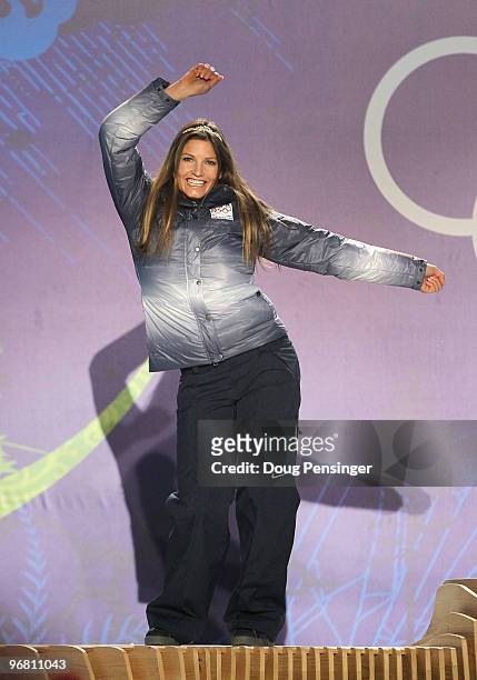 Julia Mancuso of the United States celebrates winning the silver medal during the medal ceremony for the Alpine Skiing Ladies Downhill on day 6 of...