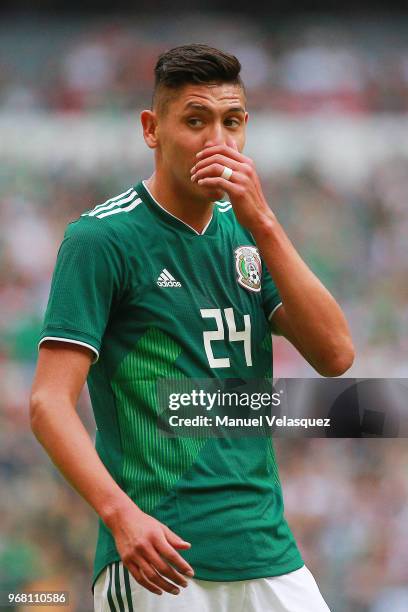 Edson Alvarez of Mexico gestures during the International Friendly match between Mexico and Scotland at Estadio Azteca on June 2, 2018 in Mexico...