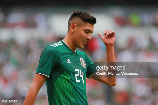 Edson Alvarez of Mexico gestures during the International Friendly match between Mexico and Scotland at Estadio Azteca on June 2, 2018 in Mexico...
