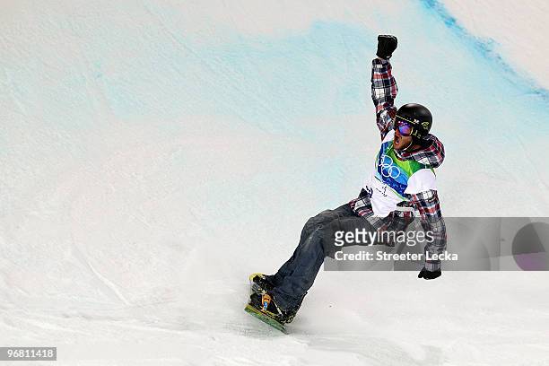 Scott Lago of the United States reacts after his run in the Snowboard Men's Halfpipe final on day six of the Vancouver 2010 Winter Olympics at...