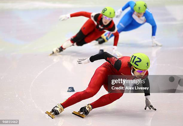 Wang Meng of China leads the pack in the Short Track Speed Skating Ladies' 500 m finals on day 6 of the Vancouver 2010 Winter Olympics at Pacific...