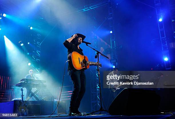 Singer Paul Brandt performs for the crowd gathered for the medal ceremony on day 6 of the Vancouver 2010 Winter Olympics at BC Place on February 17,...