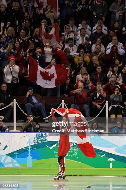 Marianne St-Gelais of Canada celebrates winning the silver medal in the Short Track Speed Skating Ladies' 500 m finals on day 6 of the Vancouver 2010...
