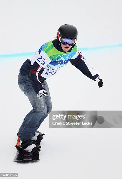 Faye Gulini of The United States competes during the Ladies' Snowboard cross on day 5 of the Vancouver 2010 Winter Olympics at Cypress Snowboard &...