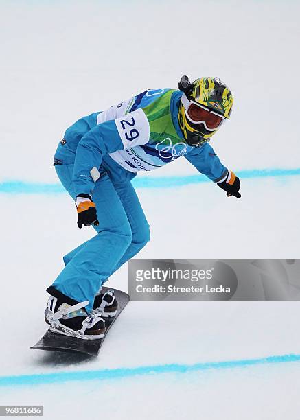 Isabel Clark Ribeiro of Brazil competes during the Ladies' Snowboard cross on day 5 of the Vancouver 2010 Winter Olympics at Cypress Snowboard &...