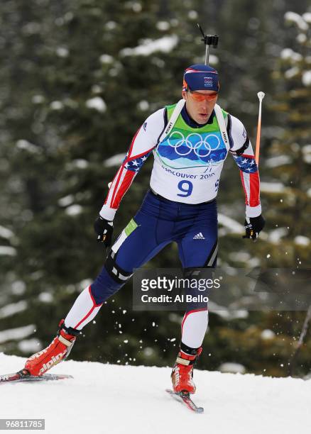 Jeremy Teela of the United States competes during the Men's Biathlon 12.5km Pursuit on day 5 of the 2010 Vancouver Winter Olympics at Whistler...