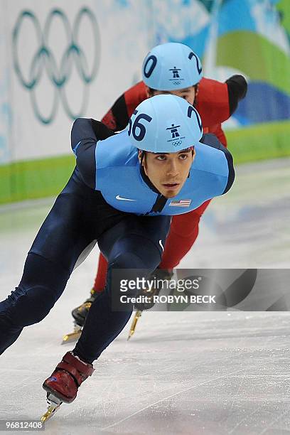 Apolo Anton Ohno competes in the men's 1,000m short-track heats at the Pacific Coliseum in Vancouver during the 2010 Winter Olympics on February 17,...