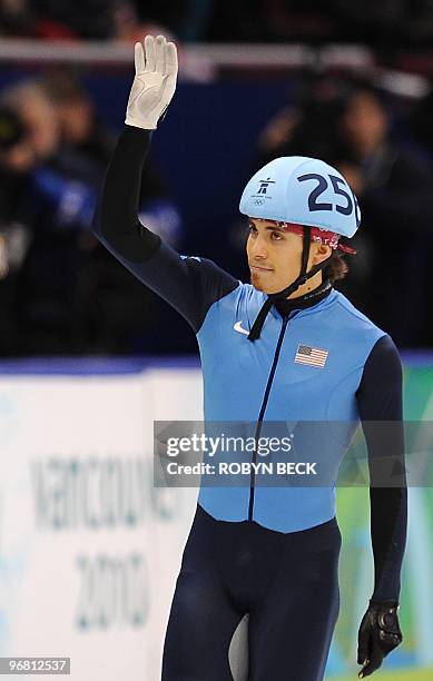 Apolo Anton Ohno of the US waves after competing in the men's 1,000m short-track heats at the Pacific Coliseum in Vancouver during the 2010 Winter...