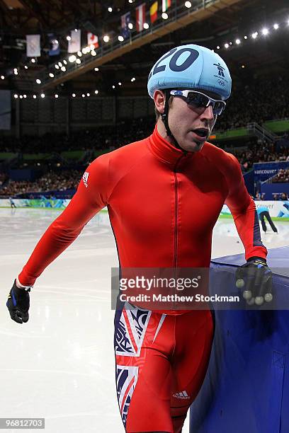 Jon Eley of Great Britain and Northern Ireland leaves the ice after competing in the Short Track Speed Skating heats on day 6 of the Vancouver 2010...