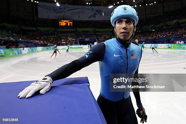 Apolo Anton Ohno of the United States leaves the ice after competing in the Short Track Speed Skating heats on day 6 of the Vancouver 2010 Winter...