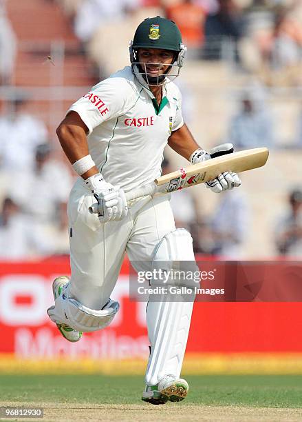 Ashwell Prince of South Africa runs a single during day five of the Second Test match between India and South Africa at Eden Gardens on February 18,...