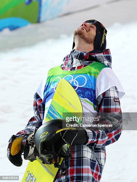 Scott Lago reacts after winning the bronze in the Snowboard Men's Halfpipe final on day six of the Vancouver 2010 Winter Olympics at Cypress...