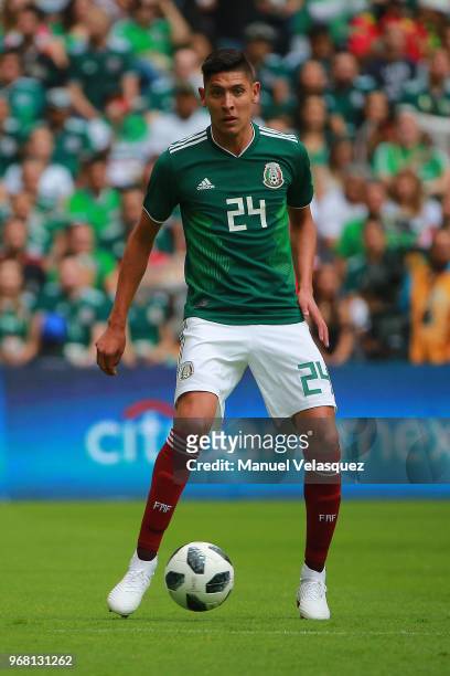 Edson Alvarez of Mexico controls the ball during the International Friendly match between Mexico and Scotland at Estadio Azteca on June 2, 2018 in...