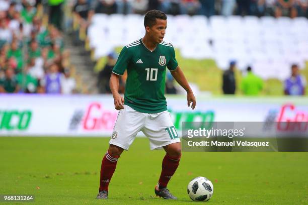 Giovani Dos Santos of Mexico controls the ball during the International Friendly match between Mexico and Scotland at Estadio Azteca on June 2, 2018...