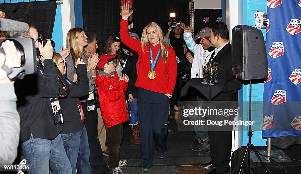 Lindsey Vonn of the United States greets the crowd after receiving the gold medal in the Alpine Skiing Ladies Downhill on day 6 of the Vancouver 2010...