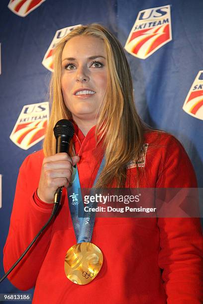 Lindsey Vonn of the United States speaks after receiving the gold medal in the Alpine Skiing Ladies Downhill on day 6 of the Vancouver 2010 Winter...