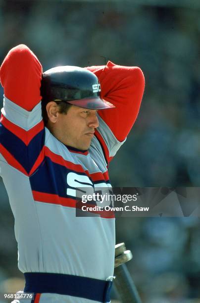 Carlton Fisk of the Chicago White Sox prepares to bat against the Baltimore Orioles at Memorial Stadium circa 1983 in Baltimore, Maryland.