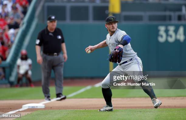 Josh Donaldson of the Toronto Blue Jays plays third base during a game against the Philadelphia Phillies at Citizens Bank Park on May 26, 2018 in...