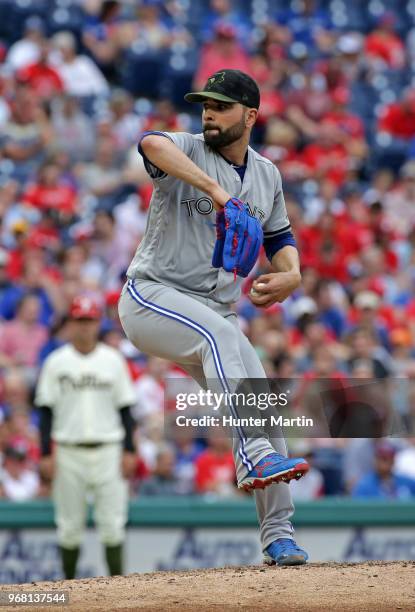 Starting pitcher Jaime Garcia of the Toronto Blue Jays throws a pitch during a game against the Philadelphia Phillies at Citizens Bank Park on May...