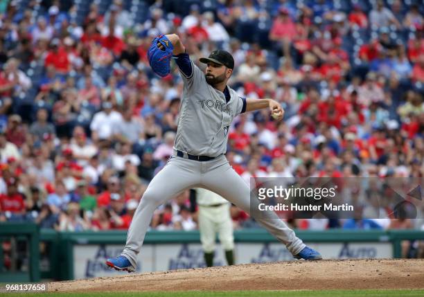 Starting pitcher Jaime Garcia of the Toronto Blue Jays throws a pitch during a game against the Philadelphia Phillies at Citizens Bank Park on May...