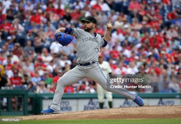 Starting pitcher Jaime Garcia of the Toronto Blue Jays throws a pitch during a game against the Philadelphia Phillies at Citizens Bank Park on May...