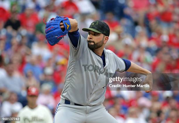 Starting pitcher Jaime Garcia of the Toronto Blue Jays throws a pitch during a game against the Philadelphia Phillies at Citizens Bank Park on May...