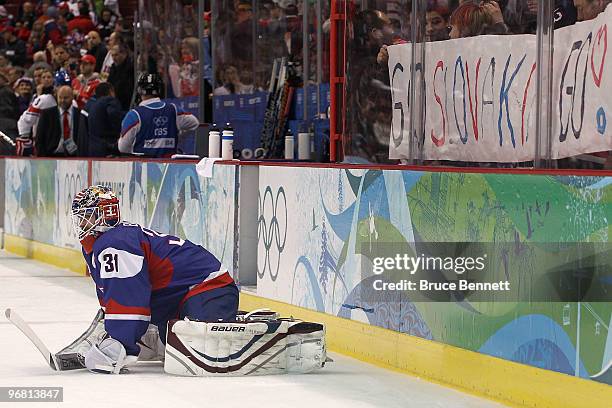 Peter Budaj of Slovakia warms up before taking on the Czech Republic during the ice hockey men's preliminary game on day 6 of the Vancouver 2010...