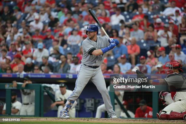 Justin Smoak of the Toronto Blue Jays bats during a game against the Philadelphia Phillies at Citizens Bank Park on May 26, 2018 in Philadelphia,...