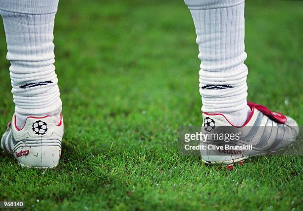 David Beckham of Manchester United's custom-made boots during the UEFA Champions League match between Bayern Munich and Manchester United played at...
