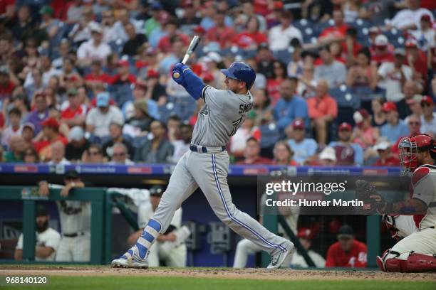 Justin Smoak of the Toronto Blue Jays bats during a game against the Philadelphia Phillies at Citizens Bank Park on May 26, 2018 in Philadelphia,...