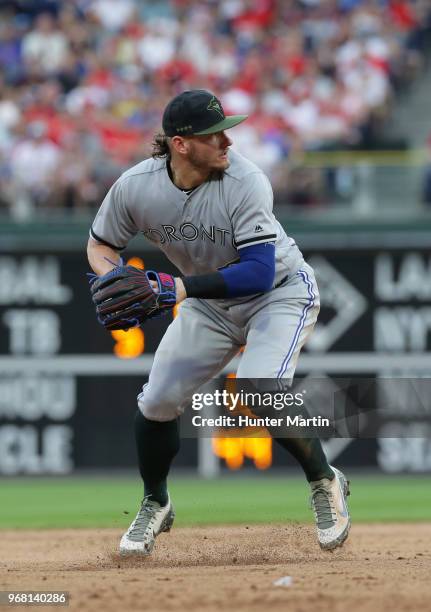 Josh Donaldson of the Toronto Blue Jays plays third base during a game against the Philadelphia Phillies at Citizens Bank Park on May 26, 2018 in...