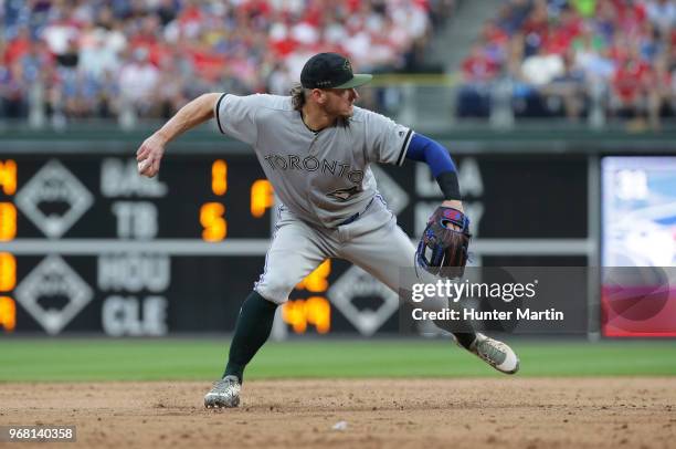 Josh Donaldson of the Toronto Blue Jays plays third base during a game against the Philadelphia Phillies at Citizens Bank Park on May 26, 2018 in...