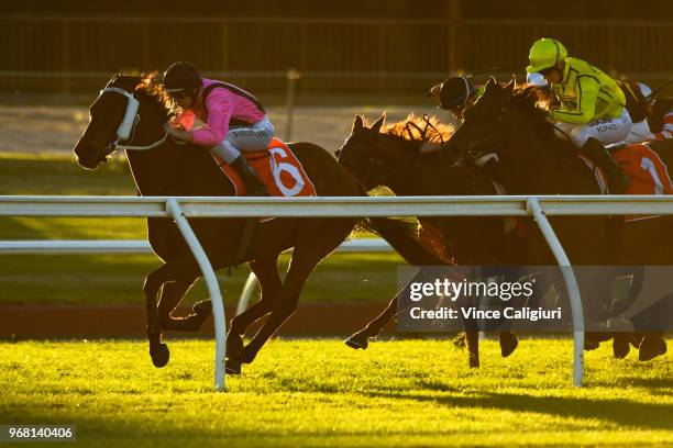 Damian Lane riding I Boogi wins Race 8 during Melbourne Racing at Sandown Lakeside on June 6, 2018 in Melbourne, Australia.