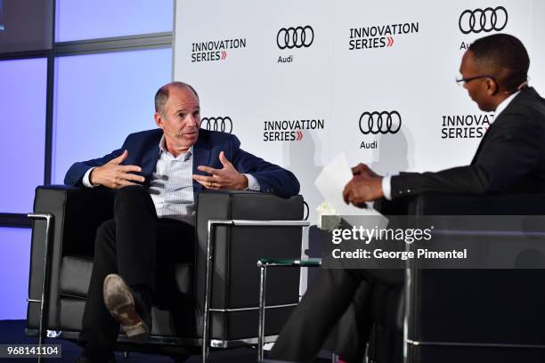 Co-founder of Netflix Marc Randolph and CBC News Toronto ancho Dwight Drummond attend the The Audi Innovation Series hosted by Co-Founder of Netflix...