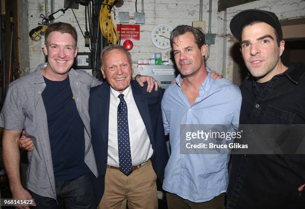 Brian Hutchison, Tab Hunter, Tuc Watkins and Zachary Quinto pose backstage at the hit play "The Boys in The Band" on Broadway at The Booth Theatre on...