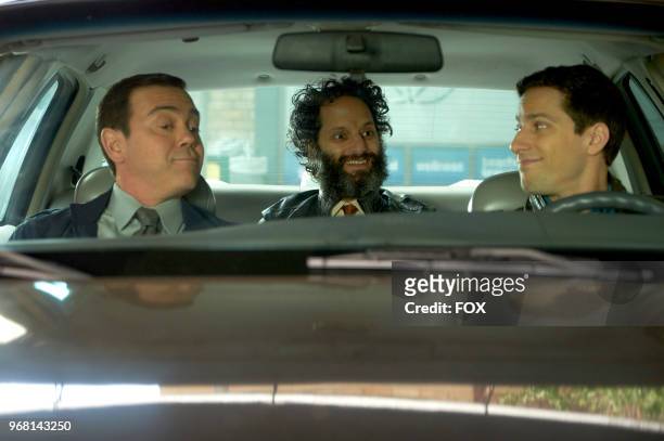 Joe Lo Truglio , guest star Jason Mantzoukas and Andy Samberg in the "Gray Star Mutual" episode of BROOKLYN NINE-NINE airing Sunday, April 22 on FOX.